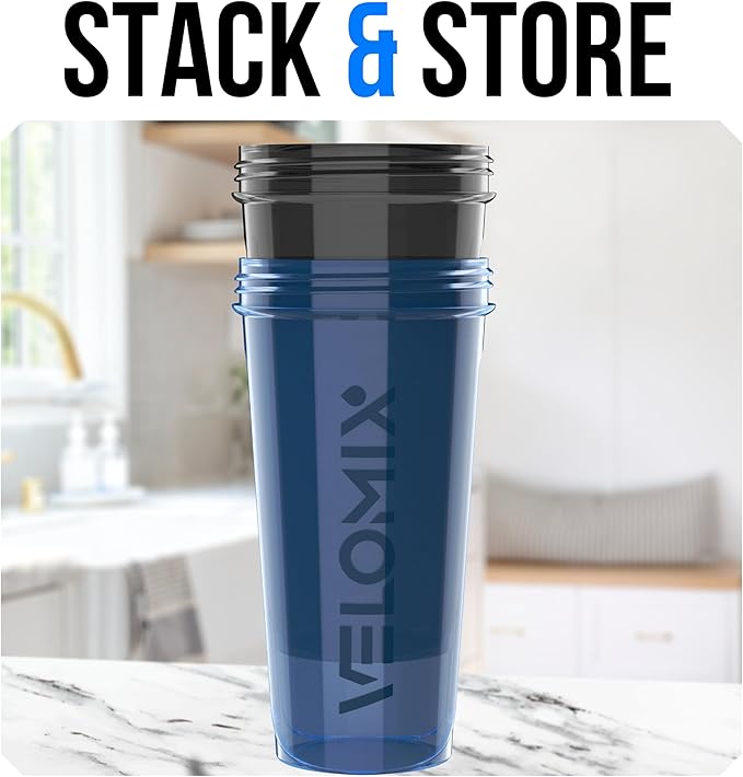 VELOMIX 2 Pack 28oz Protein Shaker Bottle for Protein Mixes, Blue/Black | 2x Wire Whisk, Leak Proof Shaker Cups for Protein Shakes, Stackable, Dishwasher safe, BPA free, Pre Workout and Fitness ready