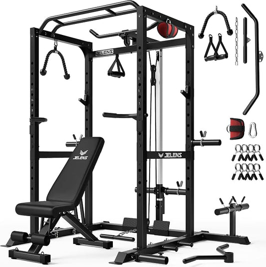 JELENS S21 Power Cage, Multi-Function Power Rack with Adjustable Cable Crossover System, 2000LBS Squat Rack for Home Gym with More Training Attachments