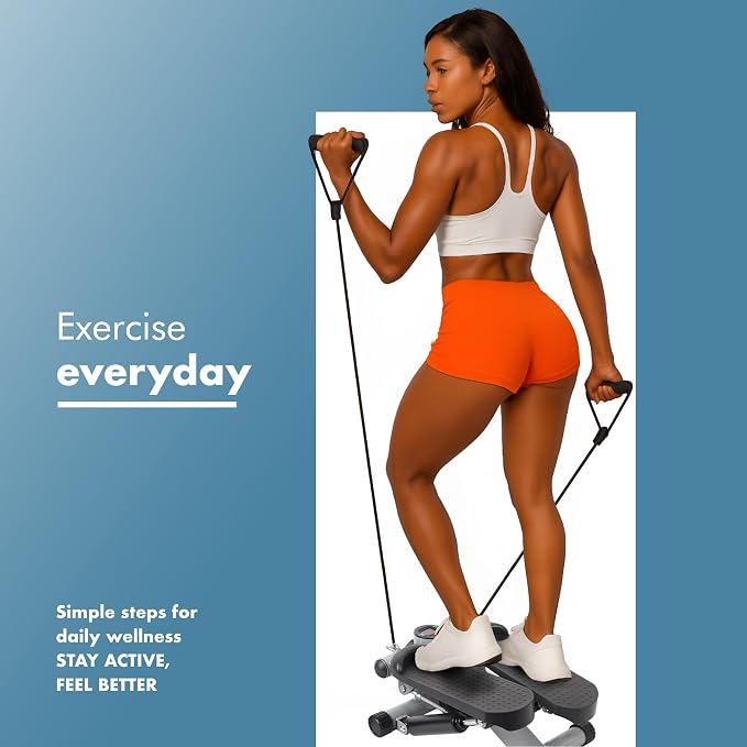 PORTENTUM Mini Steppers for Exercise Workout with Resistance Bands and LCD Display 5 Functions — Stepper 3-in-1 for Legs, Glutes and arms — Adjustable Intensity — Easy to Store Home Workout Equipment