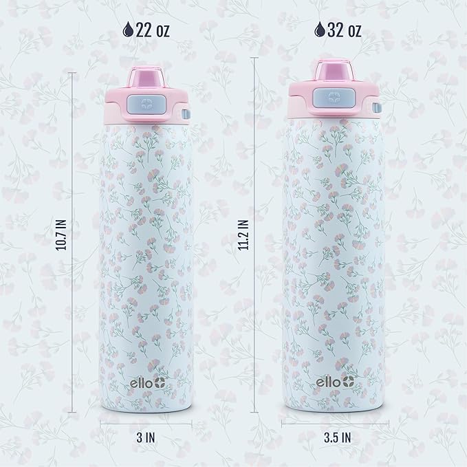 Ello Pop & Fill Insulated Stainless Steel Water Bottle with Quick Fill Lid, Leakproof Locking, Sip or Chug Spout, BPA-Free, Double Wall Vacuum Insulated for Sports, Travel & School- 22oz / 32oz / 40oz