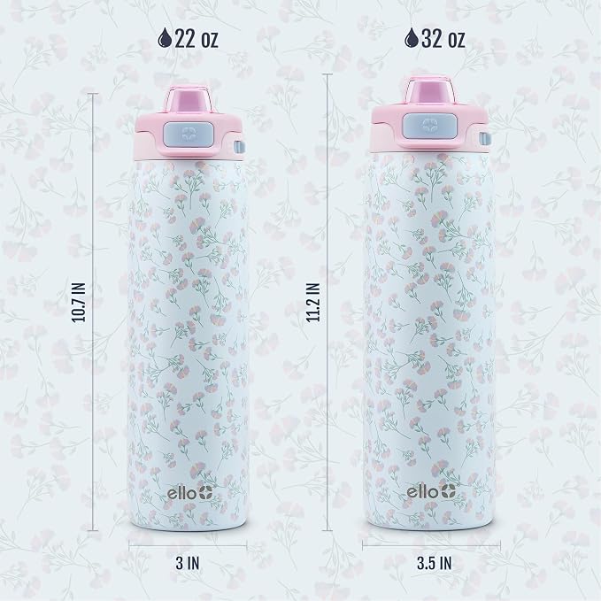 Ello Pop & Fill Insulated Stainless Steel Water Bottle with Quick Fill Lid, Leakproof Locking, Sip or Chug Spout, BPA-Free, Double Wall Vacuum Insulated for Sports, Travel & School- 22oz / 32oz / 40oz