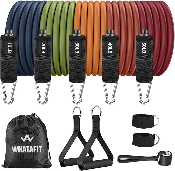 WHATAFIT Resistance Bands with Handles, 5-Level Exercise Bands for Workout | Natural latex,10-50 lbs, stackable to 150,Ankle Straps, Door Anchor,Guide. For Strength, Yoga,Home Gym,Travel & Workout.
