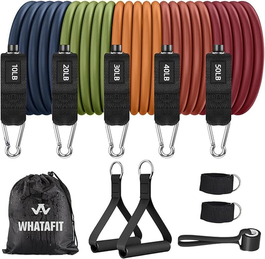 WHATAFIT Resistance Bands with Handles, 5-Level Exercise Bands for Workout | Natural latex,10-50 lbs, stackable to 150,Ankle Straps, Door Anchor,Guide. For Strength, Yoga,Home Gym,Travel & Workout.
