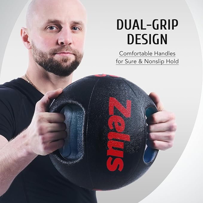 ZELUS Medicine Ball with Dual Grip| 10/20 lbs Exercise Ball |Weight Ball with Handles| Textured Grip Exercise Ball |Strength Training| Core Workouts | 10/20 lb, eco-friendly odorless rubber, dual anti-skid grips, for core strength training mobility, ho...