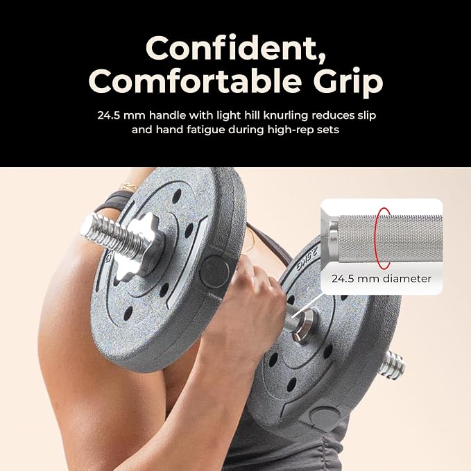 Sunny Health & Fitness Threaded Dumbbell w/Star-Lock Collars, 14"- 24" Pair | 1" Plate Compatible, Chrome Handle, 110 lb Capacity, 25mm Knurled Grip, Star-Lock Collars, Home Gym Training