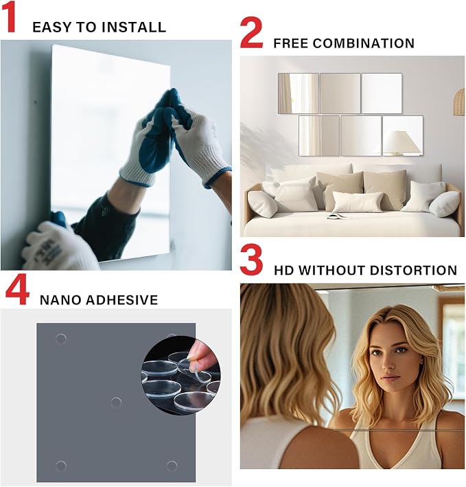 Full Length Wall Mirrors, Home Gym Mirror for Gym, 12Pcs 14"x 12" Glass Mirror Tiles, Self Adhesive HD Glass Full Body Wall Mirrors for Wall Decor, Bedroom, Living Room, Over The Door