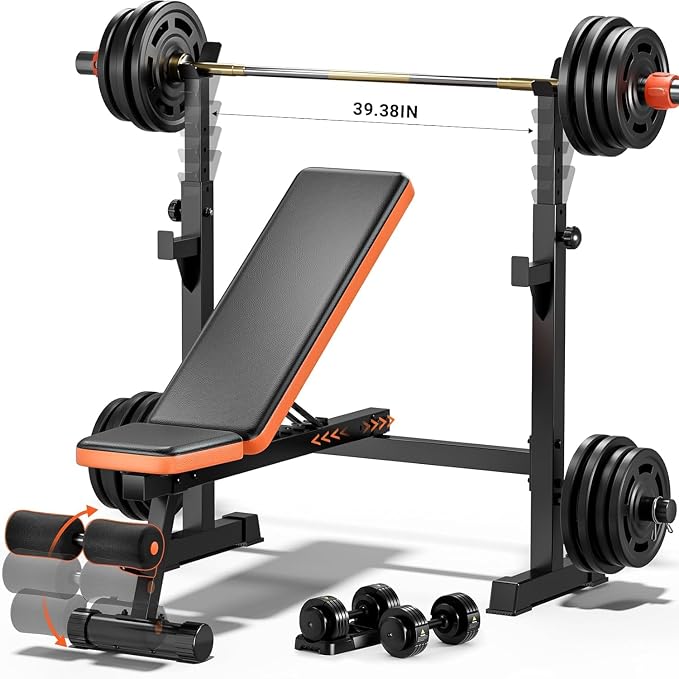 Fostoy Olympic Weight Bench with Lat Pulldown, Squat Rack & Leg Curl | Adjustable,Cable Row, Squat Rack, Leg Developer, Preacher Curl, Multi-Angle Backrest, Full Body Strength Training