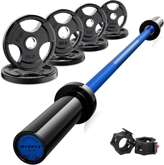 RitFit Barbell Weight Set - 4/6FT Olympic Barbell with Weight Plates (55-115LB Total) - Weightlifting Equipment for Squats, Curls, Deadlifts, Presses, Hip Thrusts
