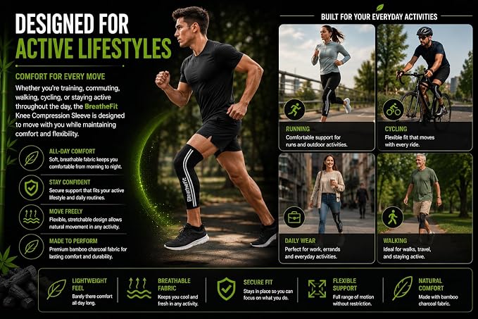 Bamboo Knee Sleeves 1Pair, Extra long, Non-Slip Silicone Grip, Premium Men & Women Knee Compression and Support