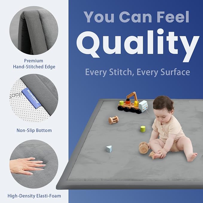 Ultra Soft Baby Play Mat for Floor,1.3" Thick Elasti-Foam 47x47 Play Mat for Playpen,Water-Repellent Coral Velvet for Tummy Time, Non-Slip Backing Safe for Toddlers & Infants(Dark Grey)