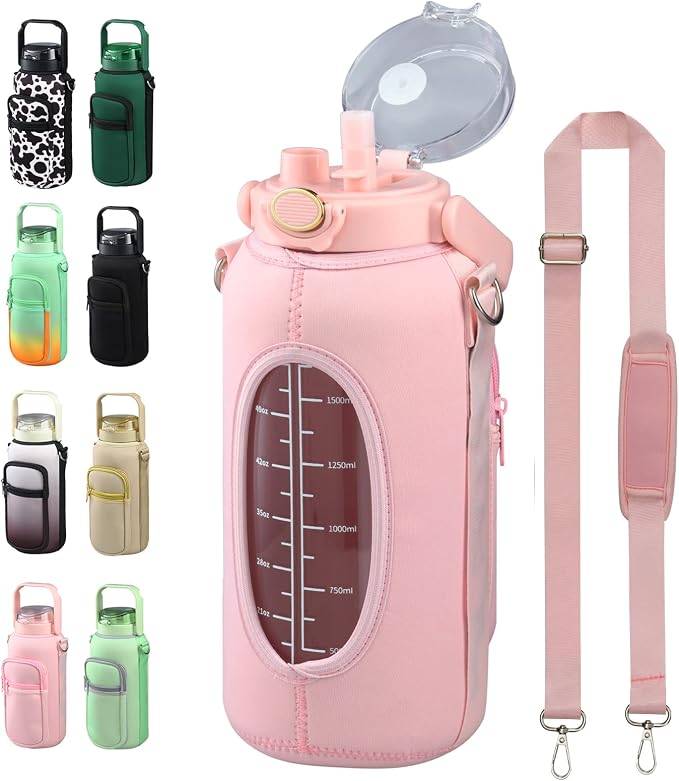 chunmo Half Gallon 64oz Glass Water Bottle with Straw and Storage Sleeve Motivational Water Bottle with Strap and Time to Drink 2L Leakproof Reusable Water Jug for Fitness Gym and Outdoors