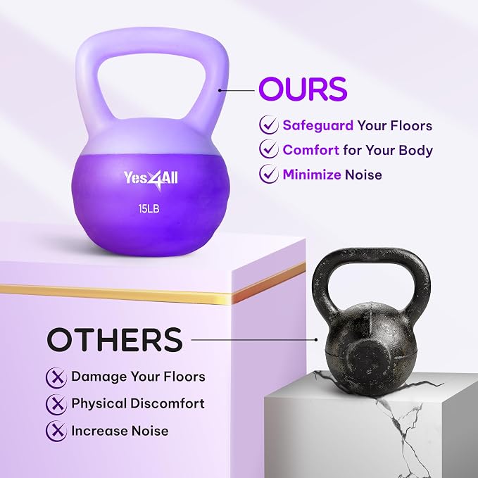 Yes4All Soft Kettlebell, PVC Strength Training Kettlebells for Women, Floor Protection & Quiet, Wide Handle, Aesthetic Soft Weights (5,10,15,20lb) for Home Gym, Fitness Beginners
