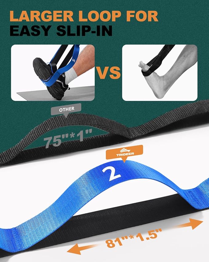 Trideer Non-Elastic Stretching Strap with Loops for Physical Therapy & Rehab, Knee Hip Leg ROM Post-Surgery, Yoga Strap for Stretching, Leg Lifter Strap Mobility Aid, Hamstring Calf Back