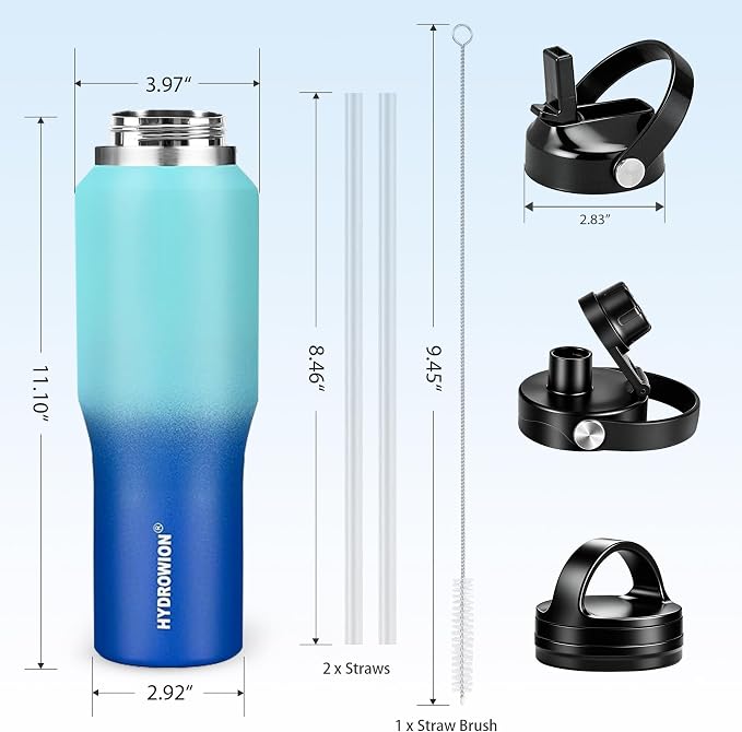 40 oz Insulated Water Bottle with Straw fit in Car Cup Holder(Cold 48 hrs, Hot 24 hrs) Drinking Bottle with Straw Lid, Spout Lid and Flex Cap Leakproof Travel Thermo Mug，Mint - Cobalt