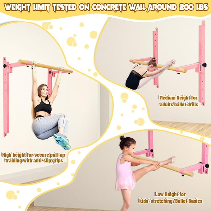 Seliyoo Ballet Barre Wall Mount,Height Adjustable Dance Bar | 4 FT /5FT Portable Solid Beech Wood Bar,Ballet Stretching and Barre Workout, Kids and Adults, Easy Install