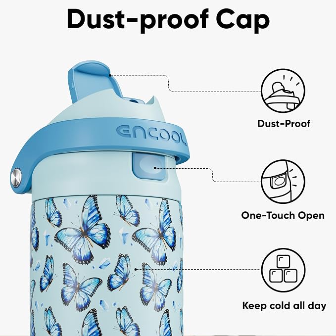 ENCOOL Leakproof Insulated Stainless steel Water Bottle with Straw Dual-Sip Water Bottle Bag-Safe Design for Work, BPA-Free Commute & Gym – Keeps Drinks Cold All Day, 24 oz, Glacier Butterfly