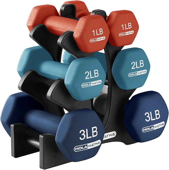 HolaHatha 1, 2 and 3 lb Neoprene Dumbbell Strength Training Weight Set with Rack