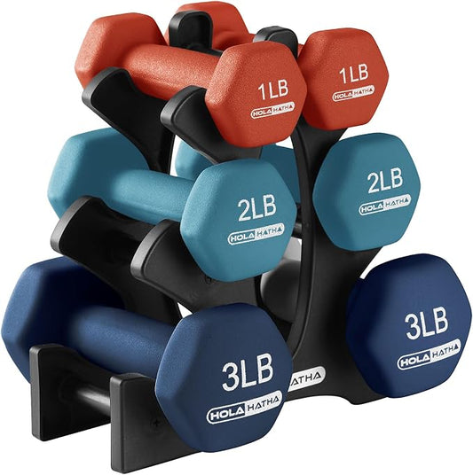 HolaHatha 1, 2 and 3 lb Neoprene Dumbbell Strength Training Weight Set with Rack