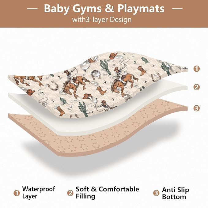 Baby Play Mat Cactus Cowboy Horse Plant 50" X 50" Play Gym Crawling Mat Soft Non-Slip Portable Picnic Floor Mat for Infant, Babies, Toddler, Kids