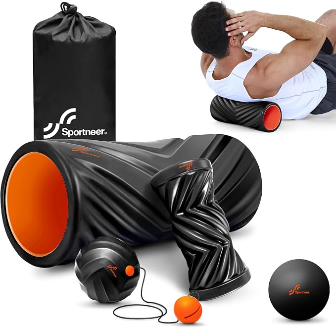 Sportneer 4 in 1 Pilates Foam Roller Muscle Relax Kit | with 2 Textured Foam Rollers Stringed Exercise Ball, Lacrosse Ball for Muscle Shoulder Back Leg Whole Body Relax Fitness Yoga