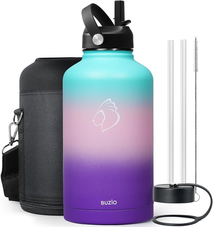 BUZIO 64 oz Insulated Stainless Steel Water Bottle with Dust-proof Lids | Half Gallon Water Jug (Dishwasher Safe), Cold for 48 Hrs, Triple Wall with Copper Plating, for Gym, Hiking, Camping, Black