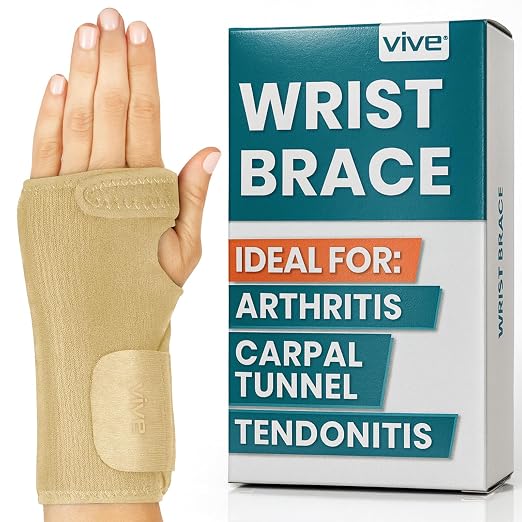 Vive Wrist Brace - Carpal Tunnel Hand Compression Support Wrap for Men | Women, Tendinitis, Bowling, Sports Injuries Pain Relief - Removable Splint - Universal Ergonomic Fit (Beige, Left)