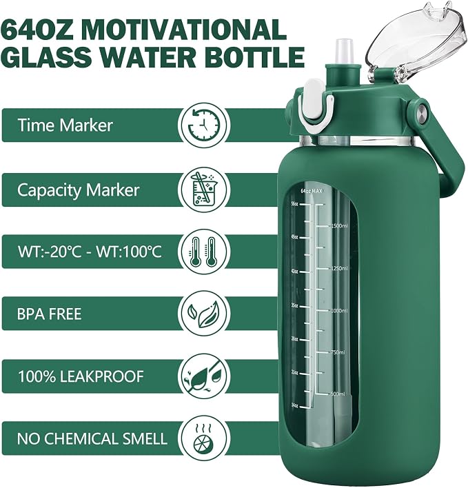 64oz Glass Water Bottles with Straw, Half Gallon Motivational Glass Bottle with Silicone Sleeve and Time Marker, 2L Leakproof Large Glass Water Jug for Gym Home Office, Ink Green