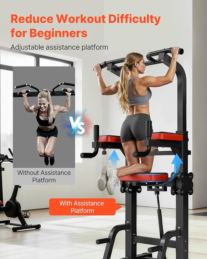 VEVOR Pull Up Bar, 330 LBS Power Tower Dip Station, Workout Dip Station with H-Shaped Stable Base & Assistance Platform, Adjustable 9 Level Height Pullup Stand for Back, 3-Level Adjustable Elbow Pads