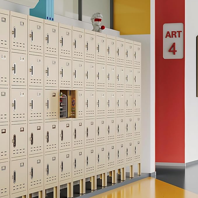 BUTISOW Metal Storage Locker with Lock & Card Slot - Secure Lockable Door - Steel Locker for School, Office, Gym, Home - 66.15" H x 11.8" W x 11.8" D - 5 Door - Beige