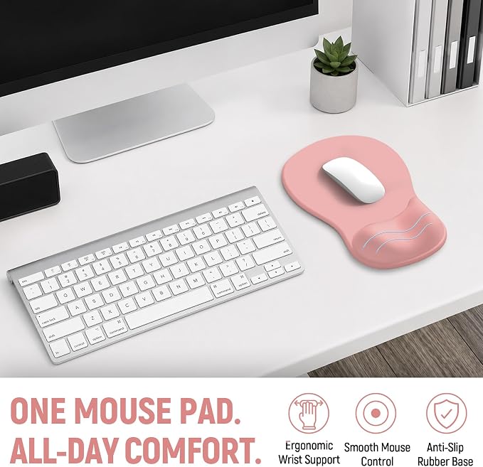 Ergonomic Mouse Pad with Wrist Rest, Gel Wrist Support, Pink | 10.2 x 7.6 in Mouse Pad with Smooth Fabric Surface and Non-Slip Rubber Base for Office, Home, Study, and Gaming