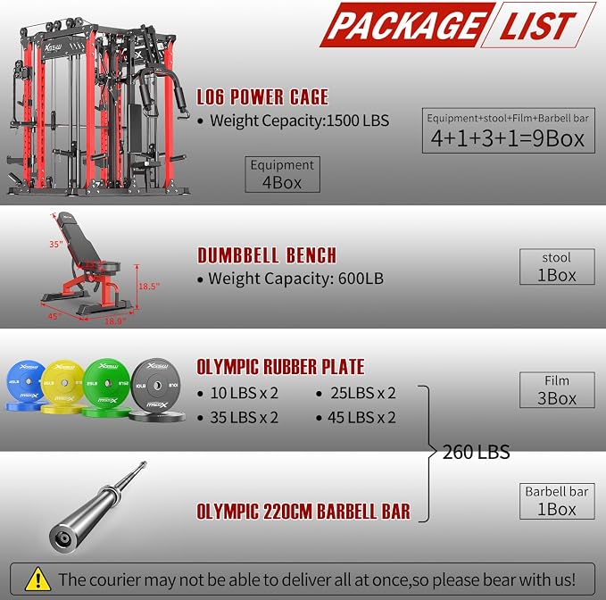 Smith Machine with Cable Crossover System, Multi-Function Power Cage Squat Rack for Home Gym, Power Rack and Packages Weight Sets.
