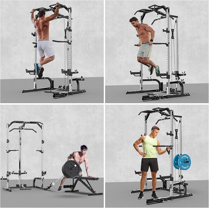 Power Cage Power Rack with LAT Pulldown Workout Cage Dip Handles Cable Pulley SystemSquat Rack for Home Gym