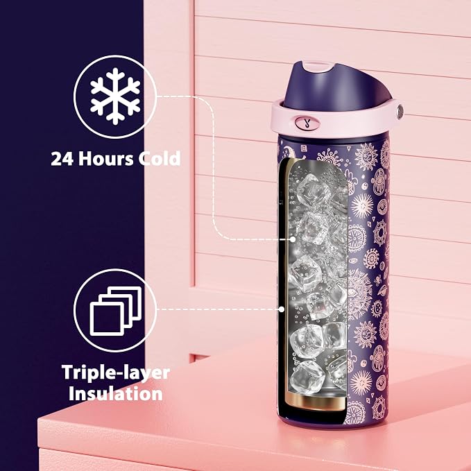 24 oz Insulated Water Bottle for Women: Meoky Stainless Steel Metal Water Bottle with 2-in-1 Straw and Spout Lid - Leak Proof, Cold for 24 Hours, Protective Silicone Base, BPA-Free for School, Arcana