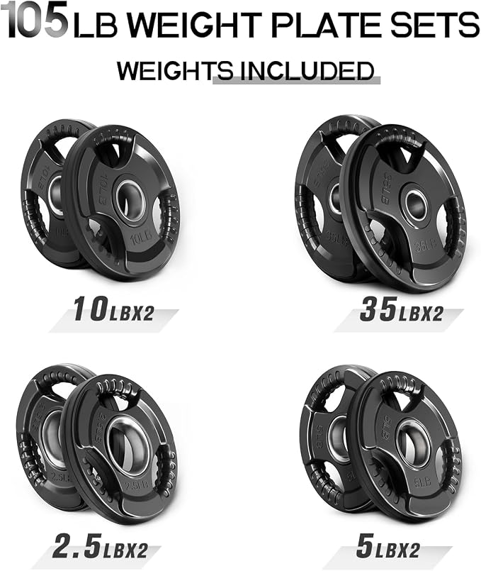 RitFit Olympic Rubber Grip Weight Plates, 2-Inch Barbell Set | Solid Iron Core, Rubber Coated, 2-Inch Olympic Bar Compatible, 3-Hole Grip, 2.5LB to 45LB Weight Options