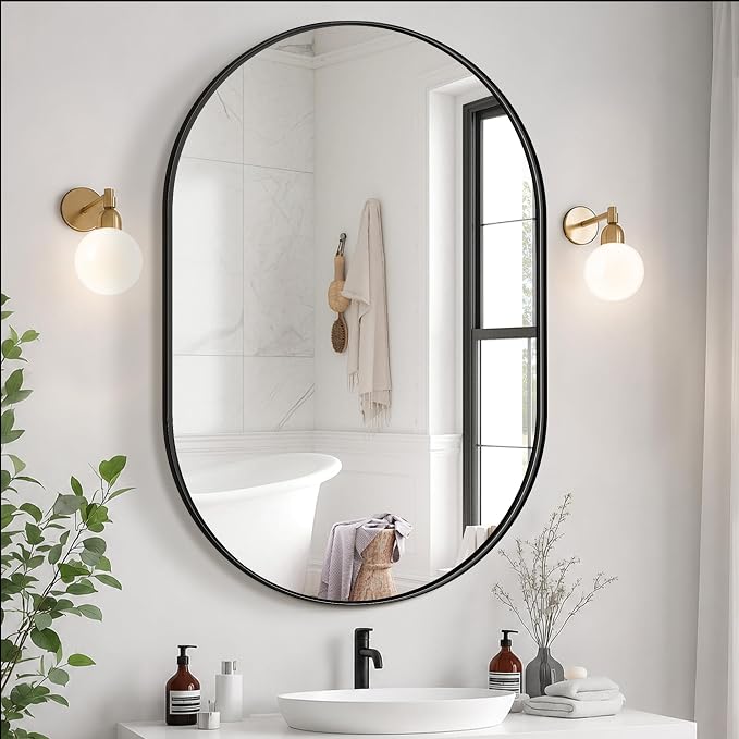 Oval Bathroom Vanity Mirror for Wall, 40''x28'' Black Oval Bathroom Mirror for Over Sink, Bedroom, Living Room, Entryway, HD Tempered Glass, Wall Mounted Horizontally or Vertically