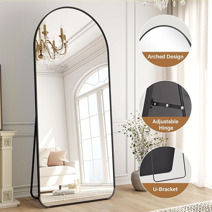 Arched Full Length Mirror 64"x21" with Round Corner Black | Standing Body Mirror with Aluminum Frame for Bedroom Cloakroom Living Room Make-up Gift