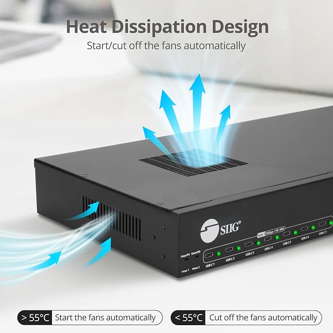 SIIG Industrial 16-Port 600W USB-C PD Charging Station, ID-US0B11-S3 | Charge 16 USB-C devices and transfer data at 5Gbps; two 100W ports, 14 30W ports and auto fan support IT fleets.