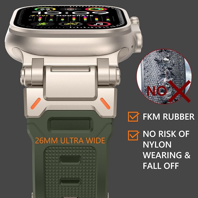 WINGLE FKM Rubber Bands for Apple Watch Band Ultra 3/2/1 Band Ultra 49mm Series 11 10 46mm 45mm 44mm 42mm SE 3/2/1 9 8 7 6 5 4 3 Men, Military Rugged Metal Connector Silicone Apple iWatch Sport Bands