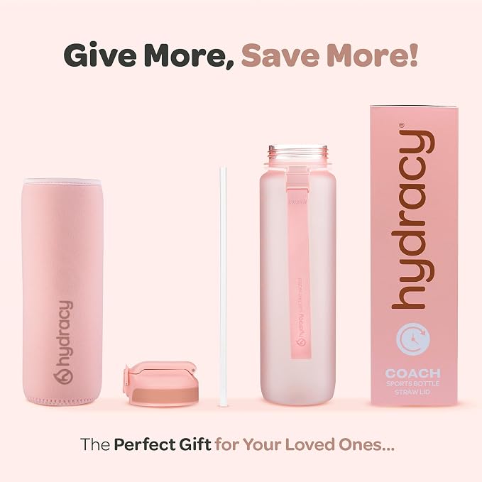 Hydracy Motivational Water Bottle with Time Marker and Straw Lid 32 oz | Leakproof,BPA Free,No Sweat Neoprene Sleeve,Carry Strap,Daily Intake Tracking for Fitness & Outdoors