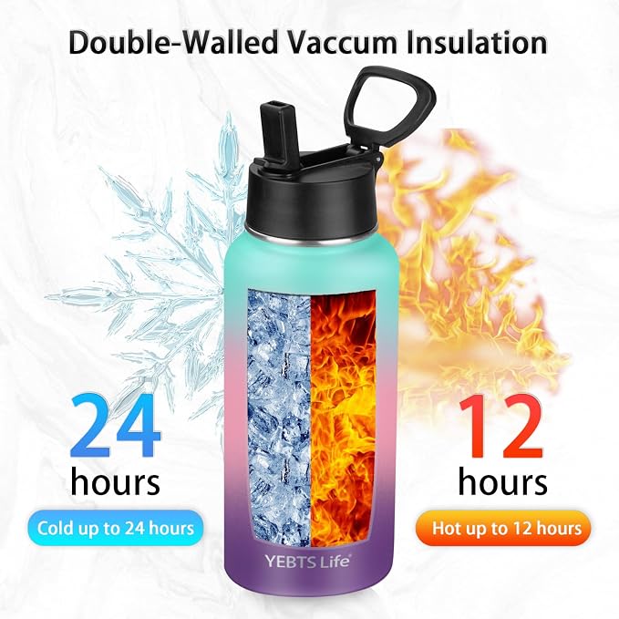 Insulated Water Bottle With Straw, 32 oz Vacuum Insulated Stainless Steel Sports Water Flask, Keeps Cold and Hot, Metal Water Bottle Wide Mouth for Gym Travel Camping (lucky Rainbow)