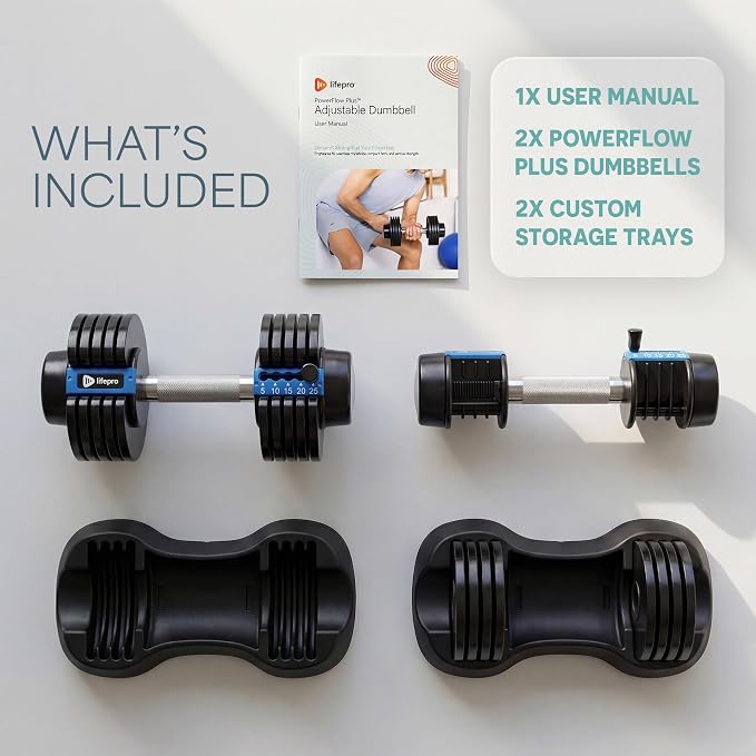 LifePro Adjustable Dumbbells, Single or 2pcs, Up to 55 lbs & 3-in1 option | Quick-change weight system with included rack — available in options from 2.5 to 55 lbs for every fitness level