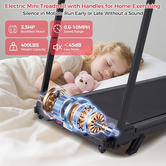 KASSADIN Portable Treadmills for Home Small, Walking Pad with Handle Bar, 3.5HP Electric Mini Treadmills for Home Exercising, Walking Pad Treadmill with Handle Bar and Incline, 0.6-10MPH, 400LBS