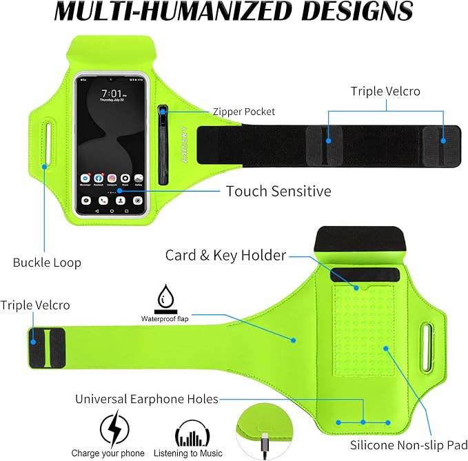Running Armband with Earphone Pouch Fits Phones up to 6.9" | Cell Phone Armband for iPhone, Water Resistant & Breathable Sports Phone Holder & Zipper Pocket Car Key Holder for Jogging