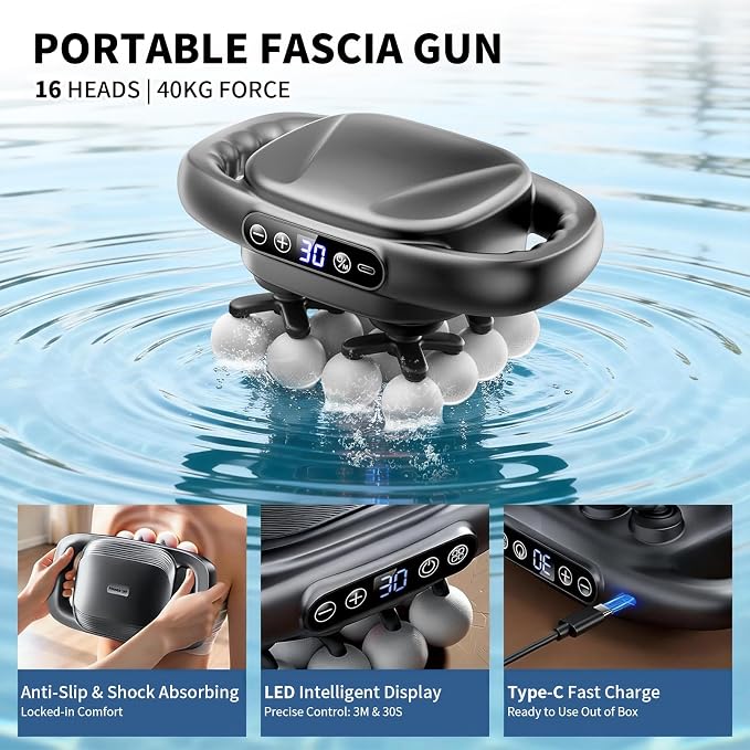 Mini Massage Gun, 2026 Upgrade Portable Deep Tissue Massager with 16 Heads & 3 Modes, 30 Intensity Levels, Ultra-Quiet for Neck, Back, Legs Pain Relief, Ideal for Women, Travel, Home & Office Use