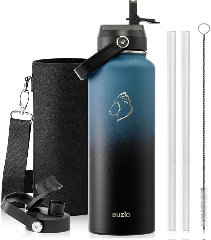 BUZIO Triple Wall Vacuum Water Bottle with Dust-proof Straw & Spout Lids | 40 oz Insulated Stainless Steel Water Flask (Cold for 48 Hrs/Hot for 24 Hrs), Leakproof, Non-BPA, for Hiking, Gym, Camping