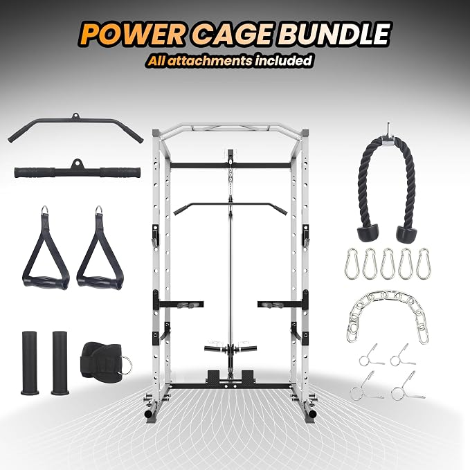 GarveeLife Power Cage, Multi-Function Squat Rack with LAT Pulldown, 1600 LBS Weight Capacity Fitness Power Rack with Cable Pulley System and j-Hooks, Dip Bars and Landmine Attachment for Home Gym