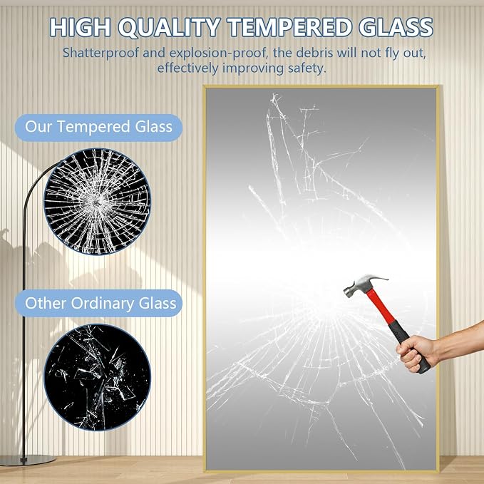 MirrMuse Large Mirror Full Length 72"X44",Oversized Floor Mirror with Stand | Gold Aluminum Alloy Frame, Free Standing, for Gym Bedroom Living Room, Hanging or Leaning, Shatterproof Tempered Glass