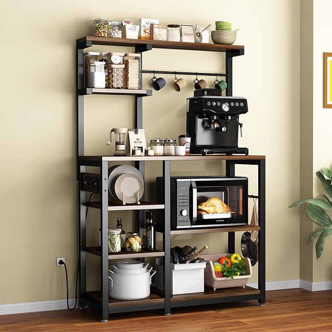 Large Bakers Rack with Power Outlet, Coffee Bar & Microwave Stand | Bakers Rack with Power Outlet, Coffee Bar Station & Microwave Cart, Metal Kitchen Storage Shelf with Wheels