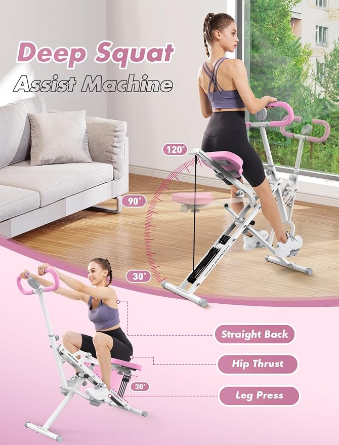Sportsroyals Pink Squat Machine Rowing Machine for Home 2 in 1 Rower & Squat Assist Workout Foldable Rower for Home Full Body Worikout Adjustable 4 Resistance Bands 330lbs