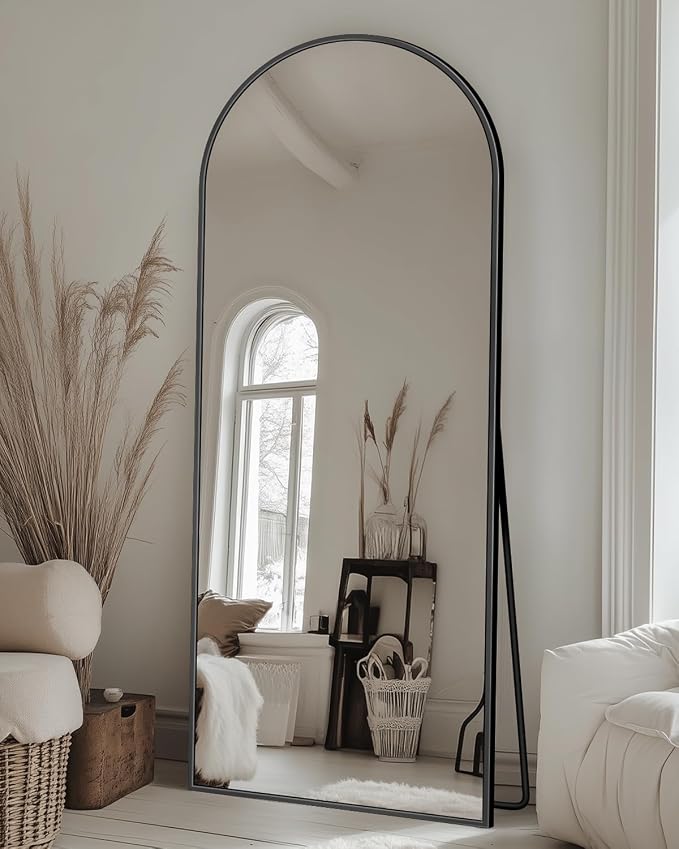 Suidia 58"x18" Arched Full Length Mirror with Stand, Full Body Mirror with Aluminum Frame, Freestanding/Leaning/Wall-Mounted, Floor Mirrors for Bedroom, Living Room, Entryway, Dressing Room, Black